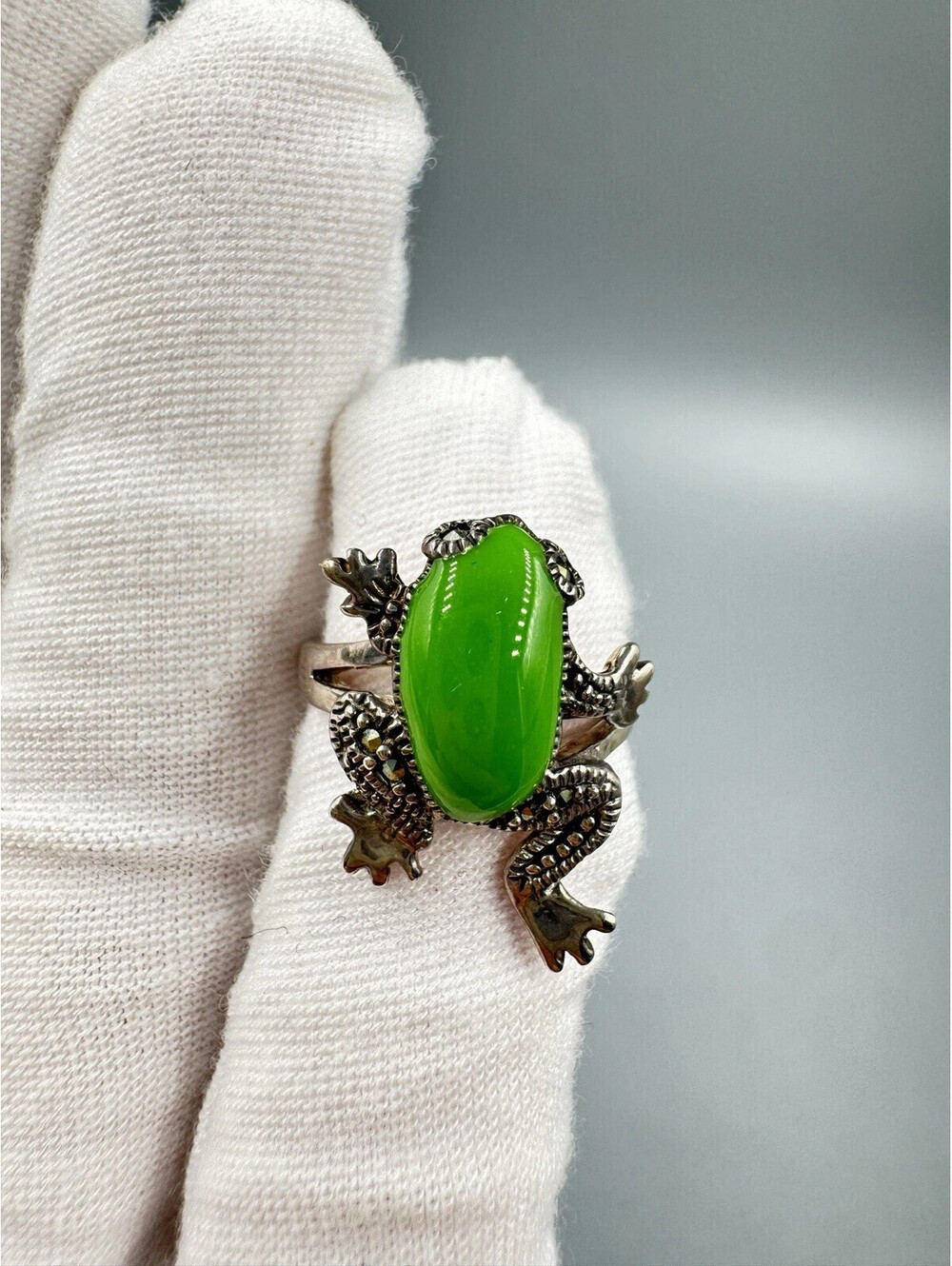 Vintage Sterling Silver 925 Green Enamel With Marcasite Frog 🐸 Ring Size 5
